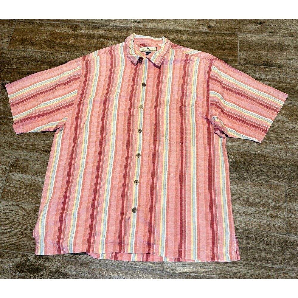 Vintage Tommy Bahama Shirt Mens Large Striped 100% Silk Loop Collar Camp
